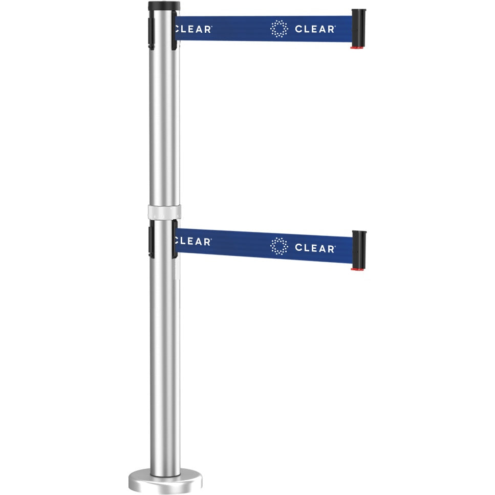 Dual Line Magnetic Post – Satin Aluminum with (2) 9 ft. CLEAR Printed Belts