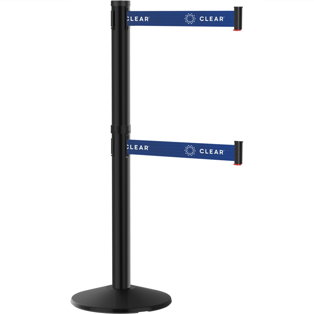 40" Tall Dual Line Posts: Black Aluminum with (2) 9 ft. CLEAR Printed Belts