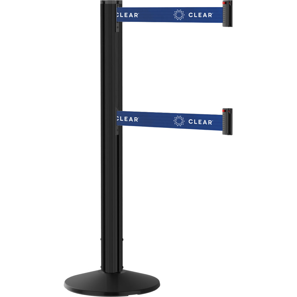 40 Tall Dual Line Grooved Posts: Black Aluminum w/ (2) 9ft. printed blue belts