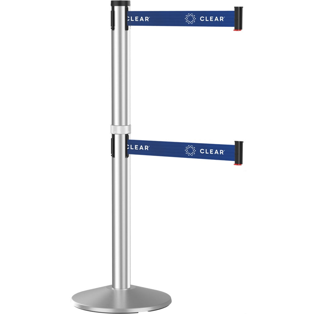 40" Tall Dual Line Posts: Satin Aluminum with (2) 9 ft. CLEAR Printed Belts
