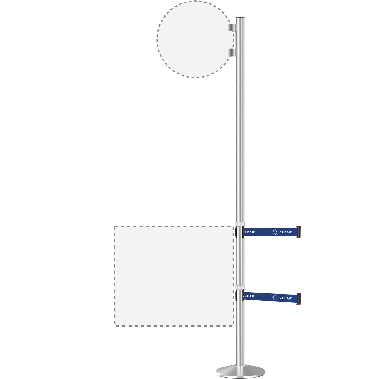 94" Tall Belted Flag Post with Sloped Base – Satin Aluminum (2 CLEAR Belts)