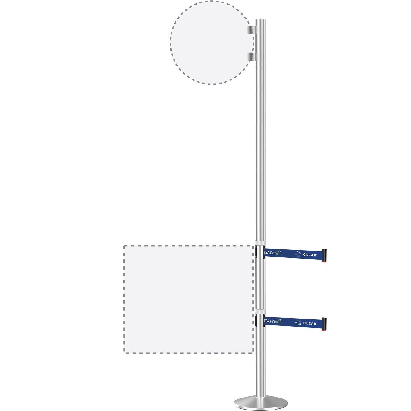 94" Tall Belted Flag Post: Satin Aluminum with (2) 9' TSA Branded Belts